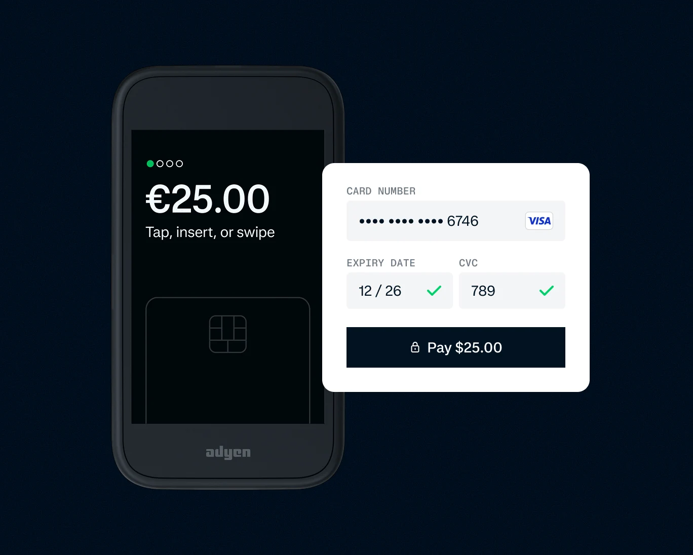 Mobile payment terminal showing a €25 transaction with Visa card details displayed.