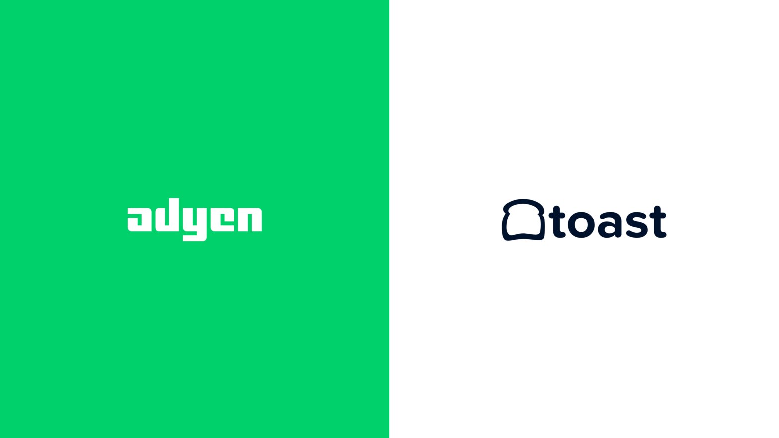 Adyen logo on a green background and toast logo on a white background side by side.
