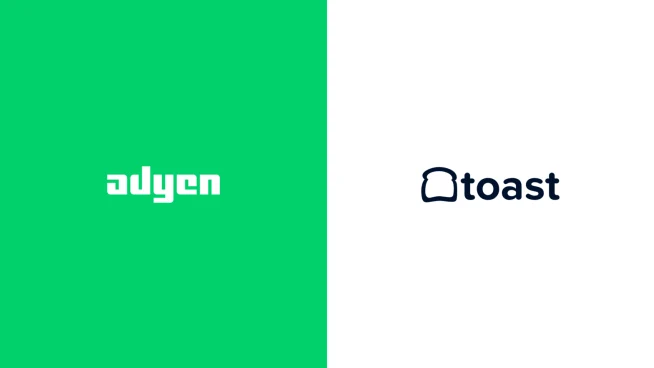 Adyen logo on a green background and toast logo on a white background side by side.