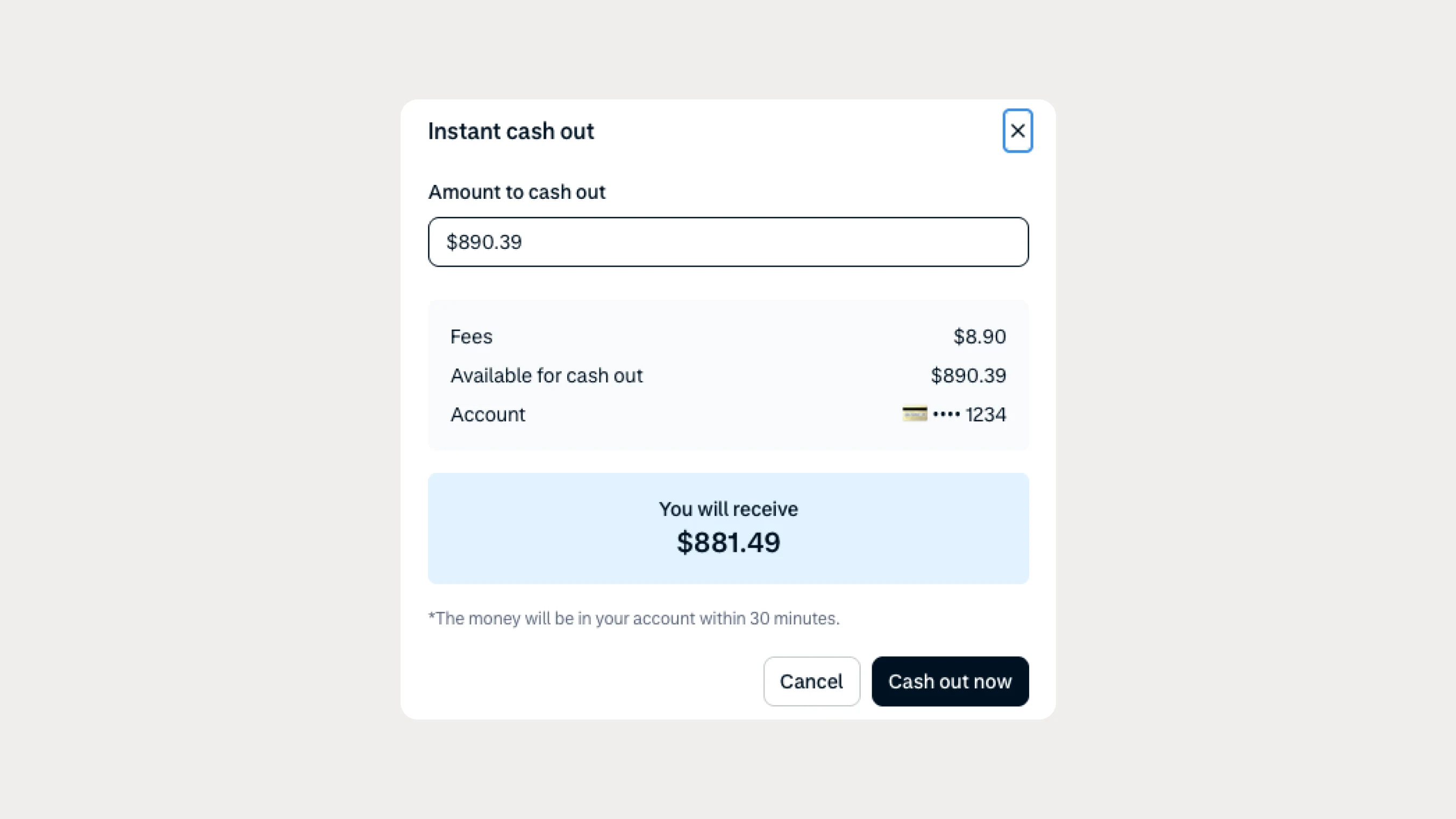 Screenshot of an instant cash out confirmation from a payment platform with transaction details