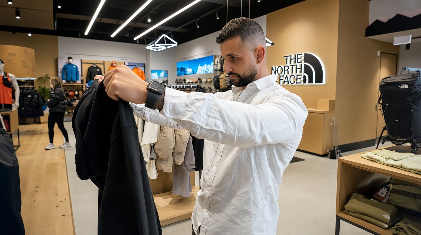 A man in a store shops with payment processed by an Adyen terminal.
