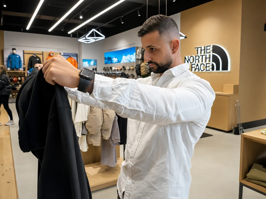 A man in a store shops with payment processed by an Adyen terminal.