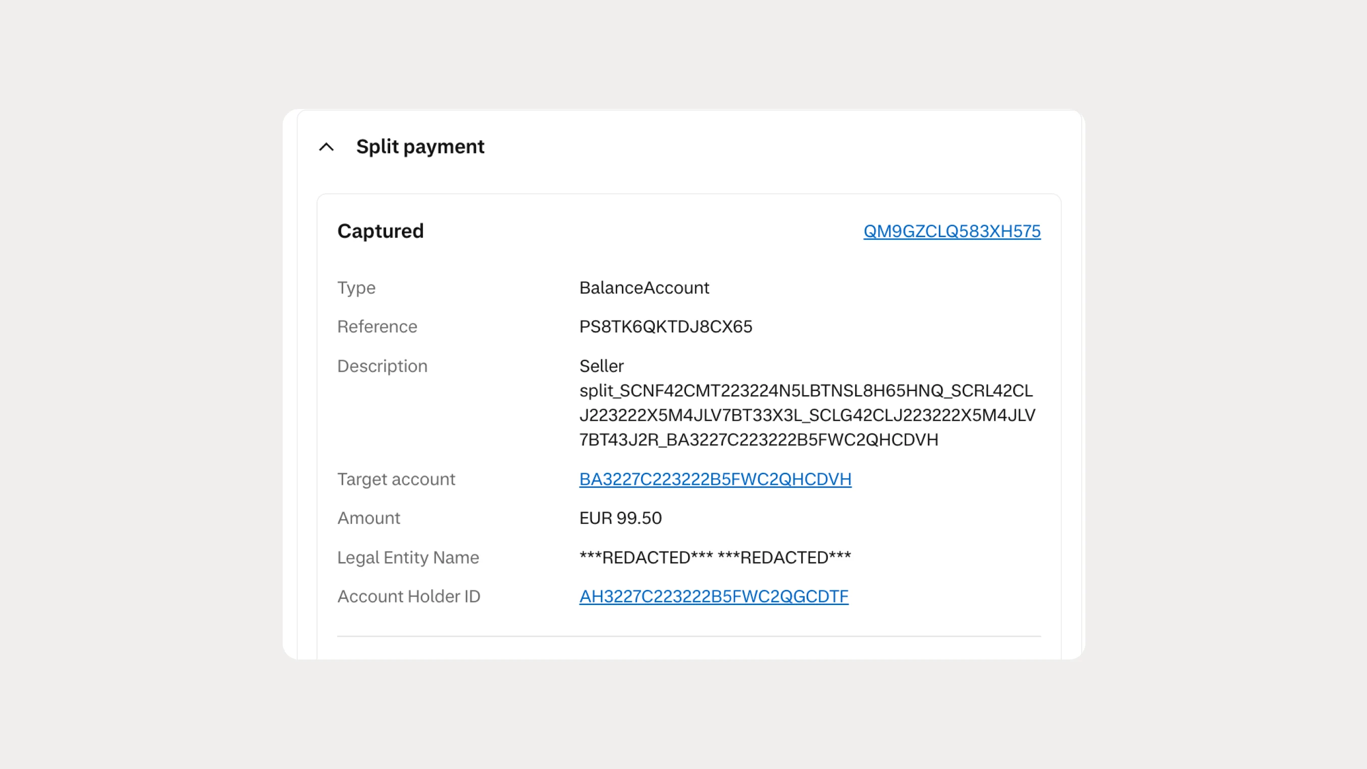 Screenshot of a split payment confirmation showing transaction details and balance information.