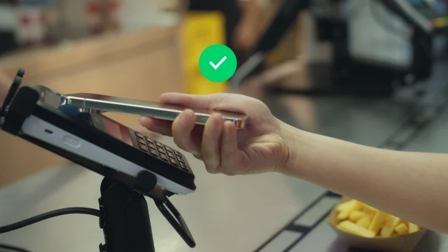A person using a smartphone to make a payment at an Adyen terminal in a retail setting.