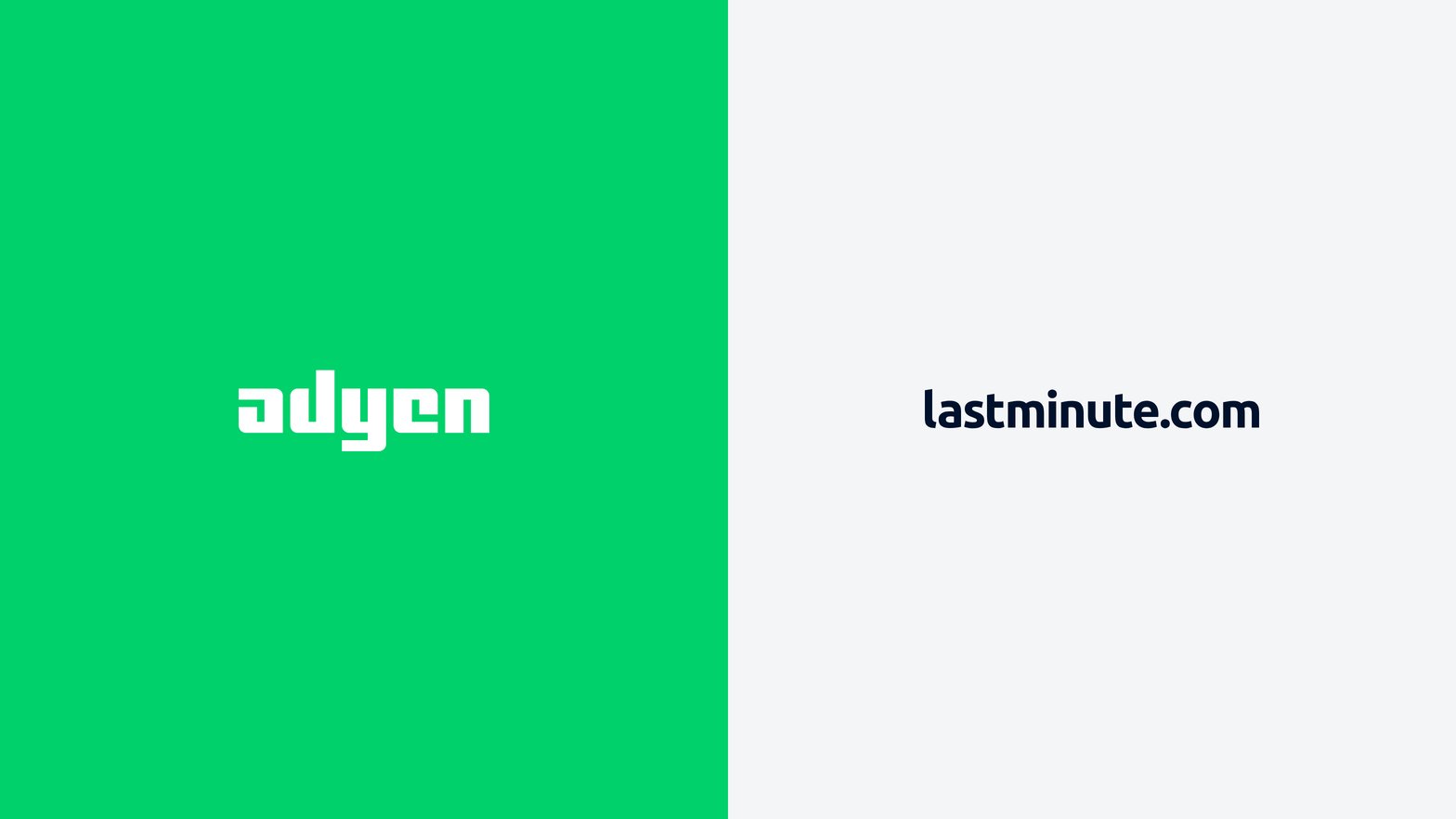 Adyen logo on a green and white background with website lastminute.com on a business website