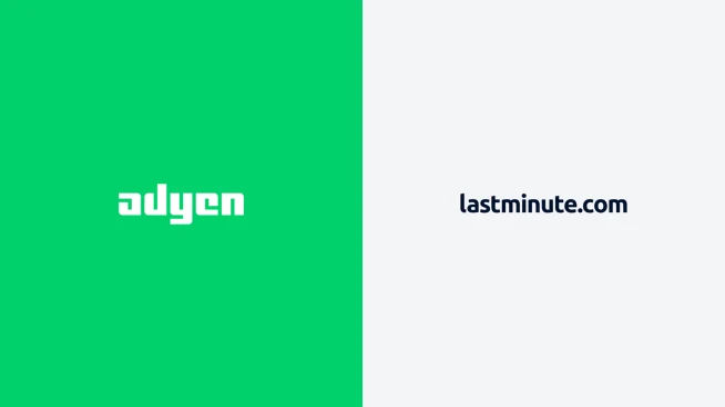 Adyen logo on a green and white background with website lastminute.com on a business website