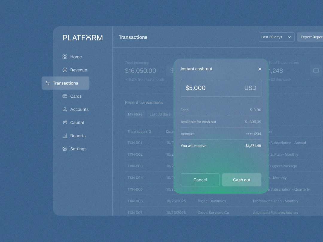 Screenshot of a financial dashboard showing a transaction of 10,600 USD with an instant cash-out option from Adyen.