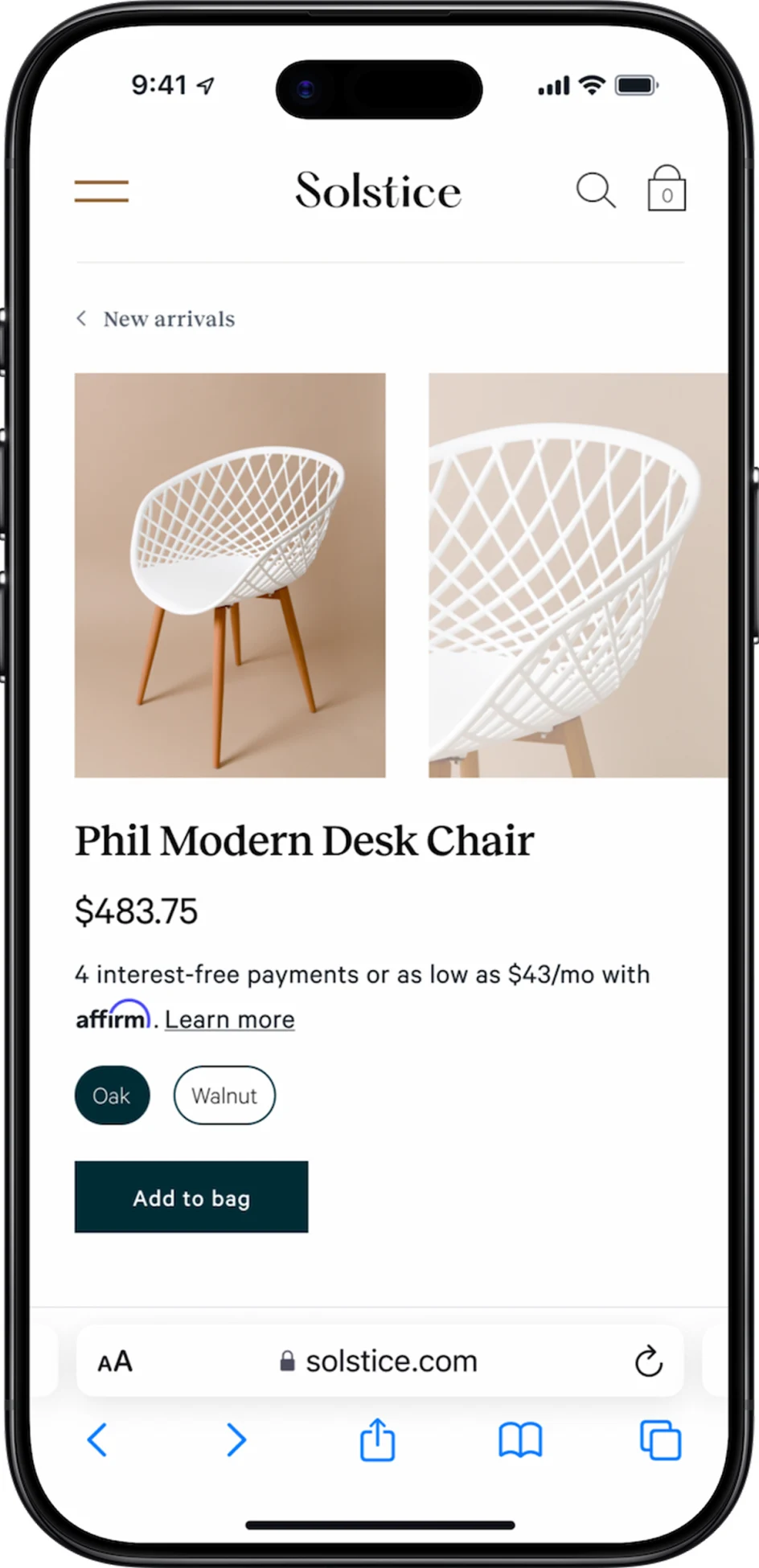 Screenshot of a mobile shopping app showing a modern desk chair for sale at 483.75 USD.