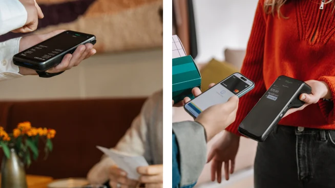 Two people using mobile devices to make or process payments with Adyen technology