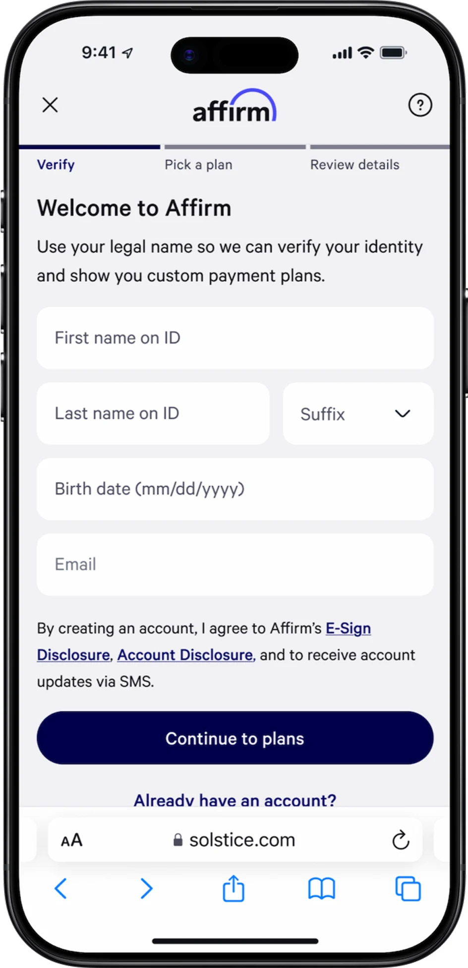 Mobile phone screen showing an online account registration form on a website.
