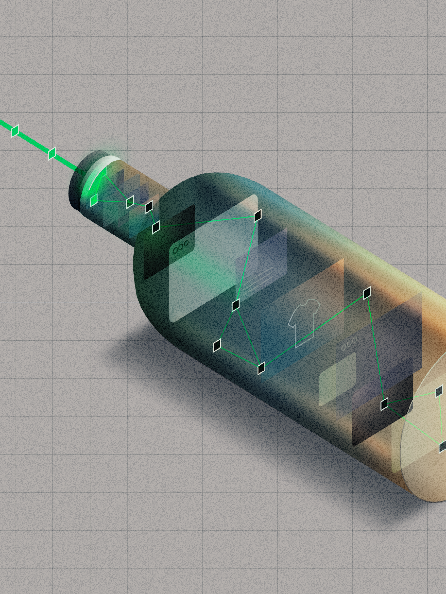 Digital illustration showing a bottle with technical screens in it created for Agentic Commerce - eliminating the integration bottleneck