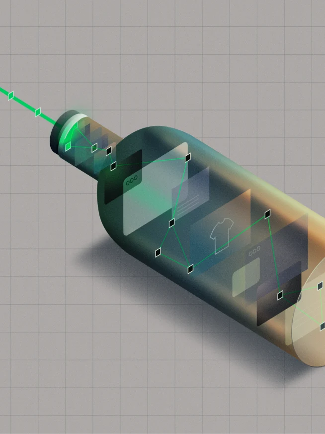 Digital illustration showing a bottle with technical screens in it created for Agentic Commerce - eliminating the integration bottleneck