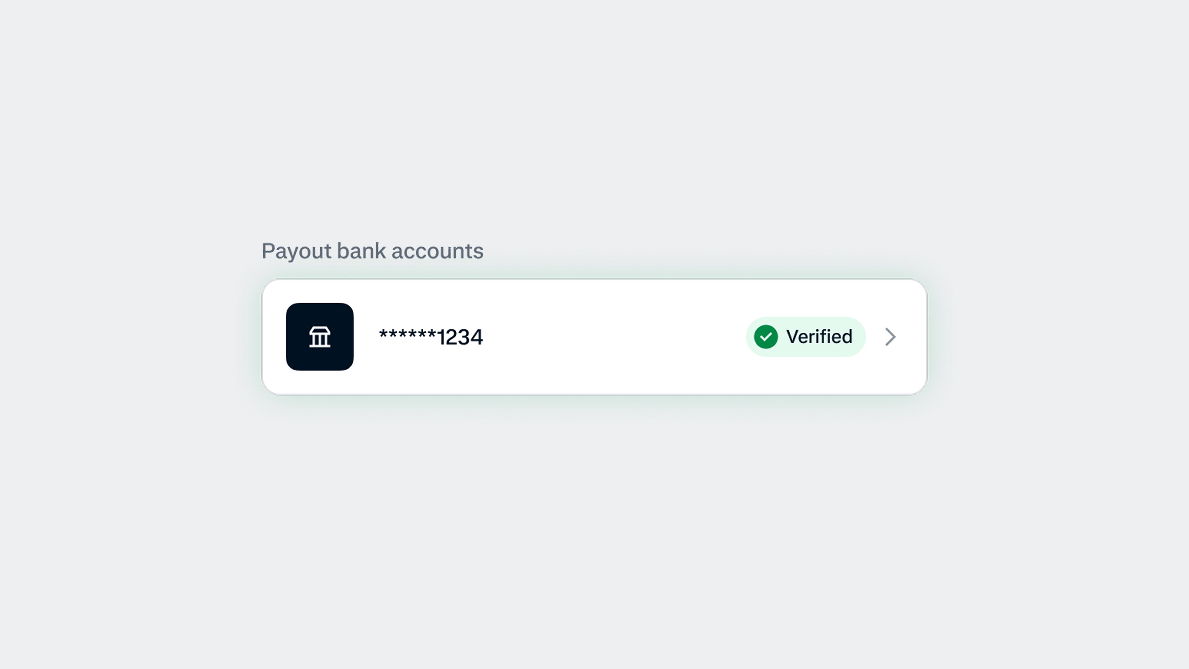 Verified payout bank account showing partial card number ending in 1234.