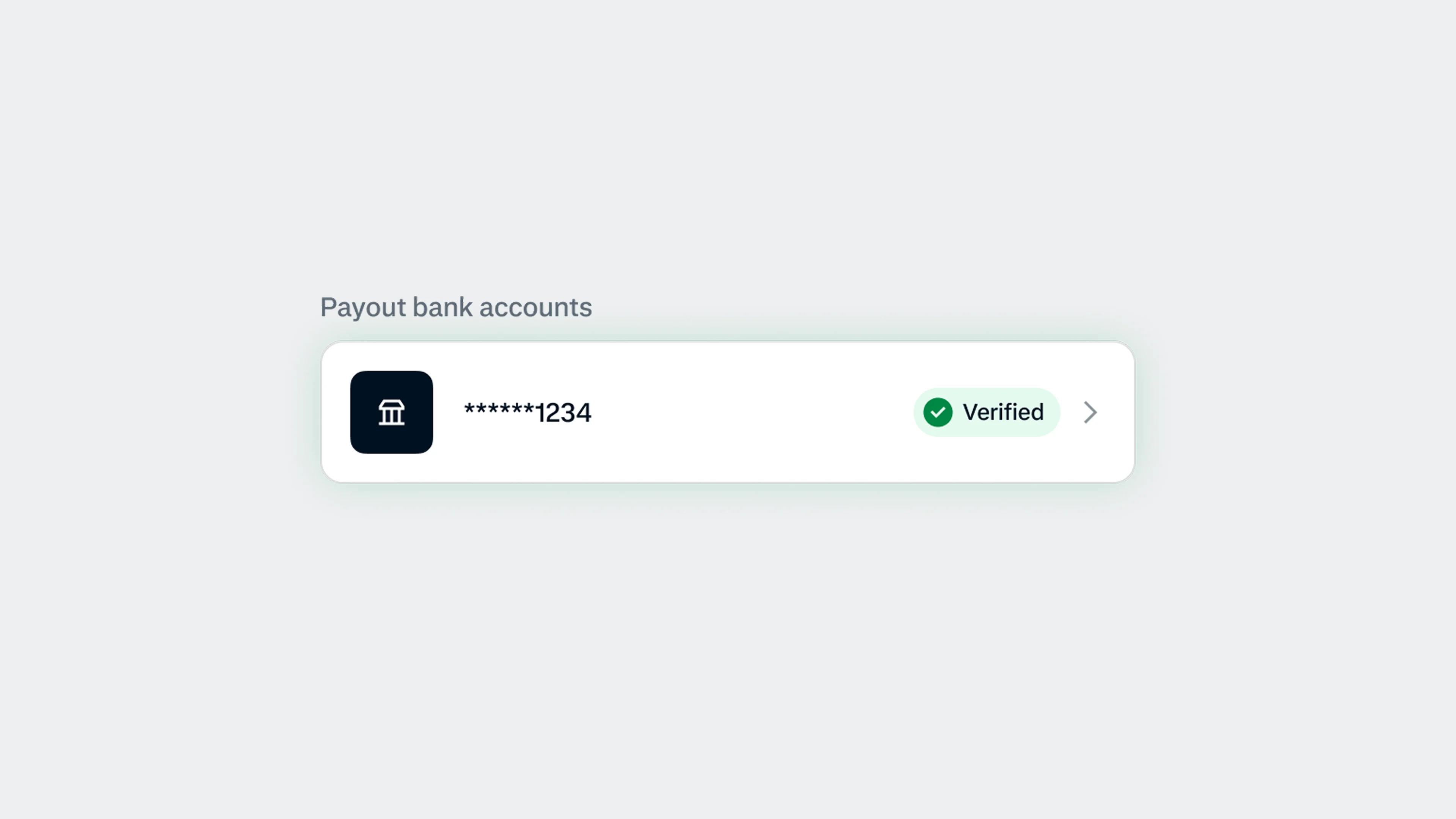 Verified payout bank account showing partial card number ending in 1234.