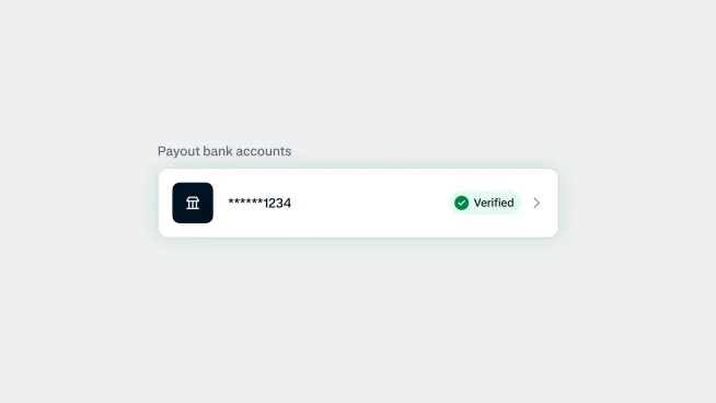 Verified payout bank account showing partial card number ending in 1234.