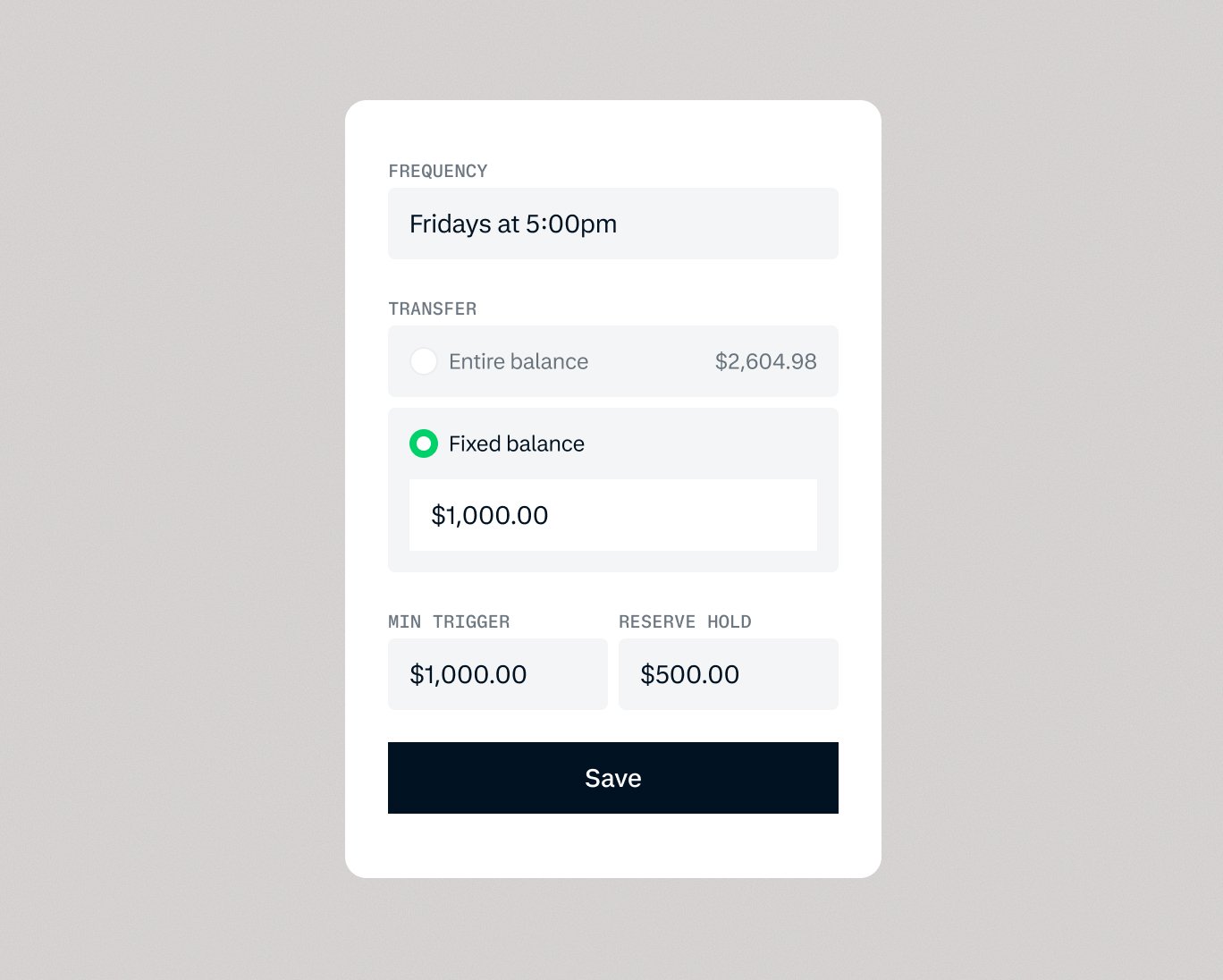 Mobile app screen showing scheduled transfer settings and balance details in a payment platform.