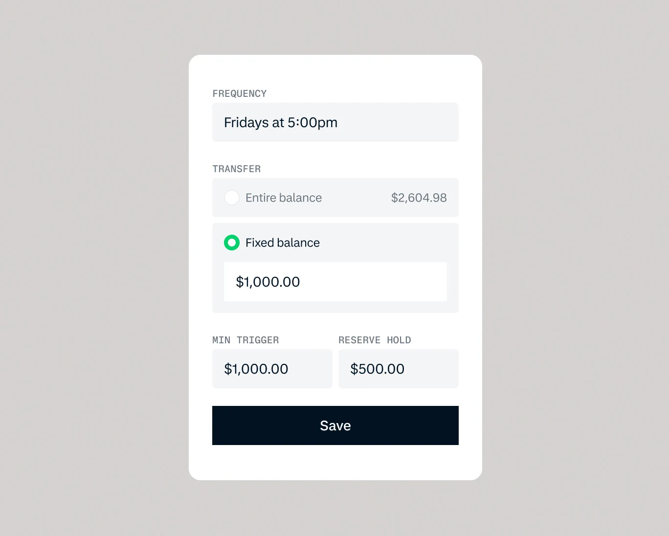 Mobile app screen showing scheduled transfer settings and balance details in a payment platform.