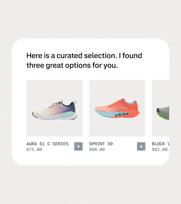 A selection of three sneakers with prices, presented in a curated online shopping interface.