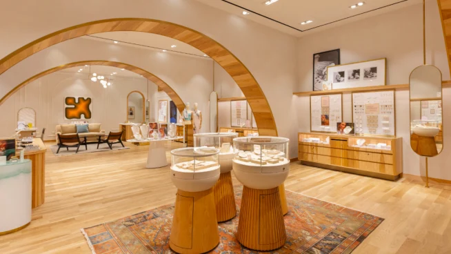 Modern retail interior with wooden accents and display counters, no people visible.