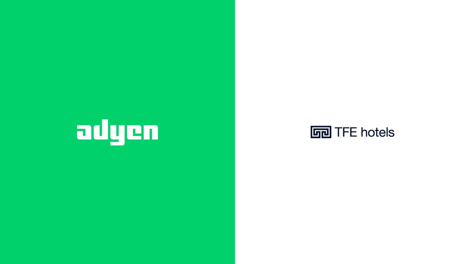 Adyen logo displayed on a green background next to TFE hotels logo, indicating a partnership or collaboration.