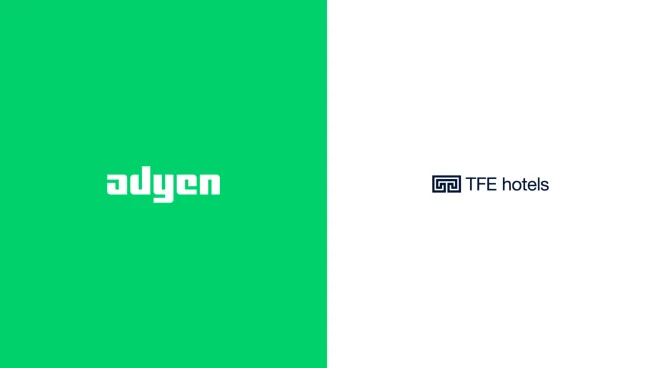 Adyen logo displayed on a green background next to TFE hotels logo, indicating a partnership or collaboration.