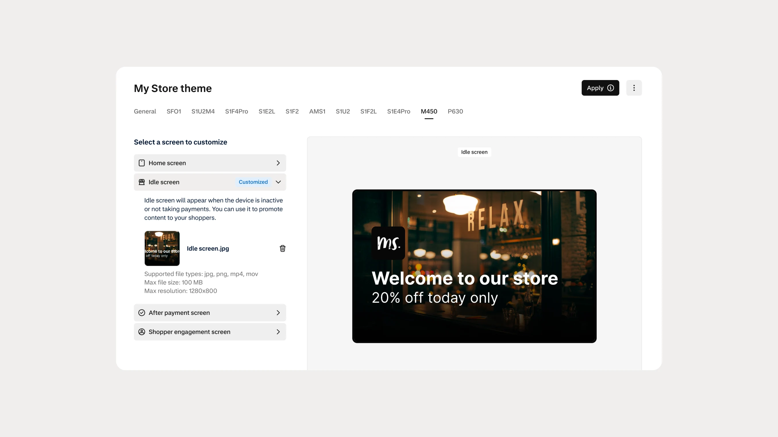 Screenshot of an online store theme customization page with a preview image of a store welcome message.
