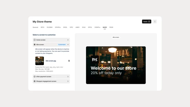 Screenshot of an online store theme customization page with a preview image of a store welcome message.