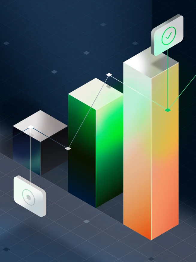 Three tall bar charts with checkmarks, representing business data or growth metrics, on a digital background.