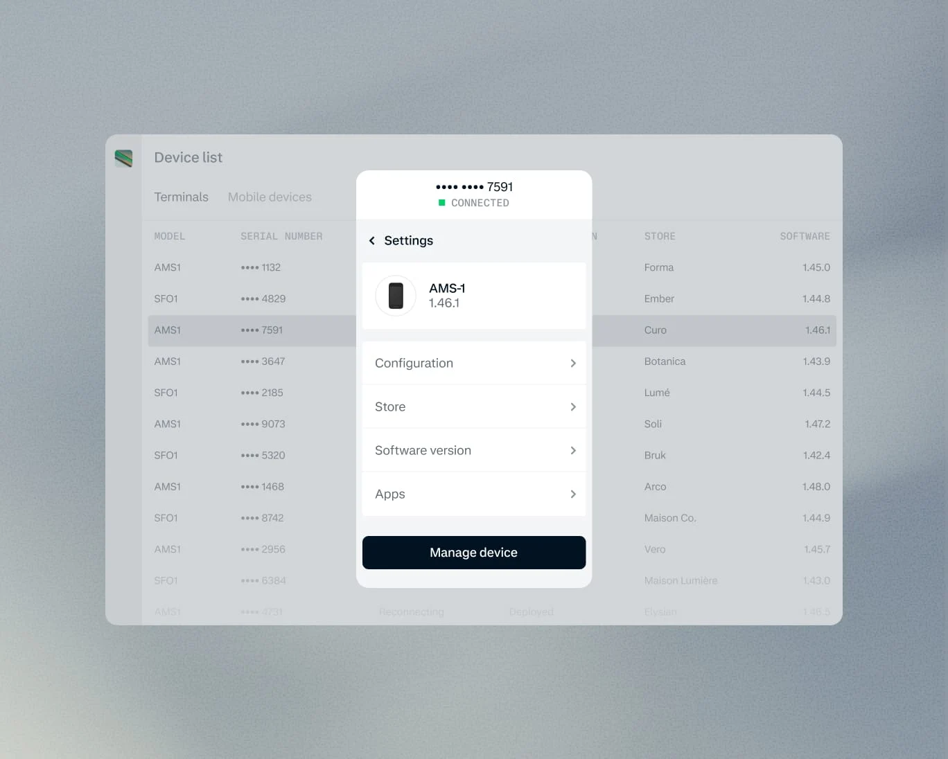 Screenshot of a mobile device managing an Adyen payment terminal with device settings interface visible.