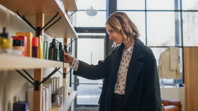 Adyen employees in the Adyen office browsing products on a shelf.