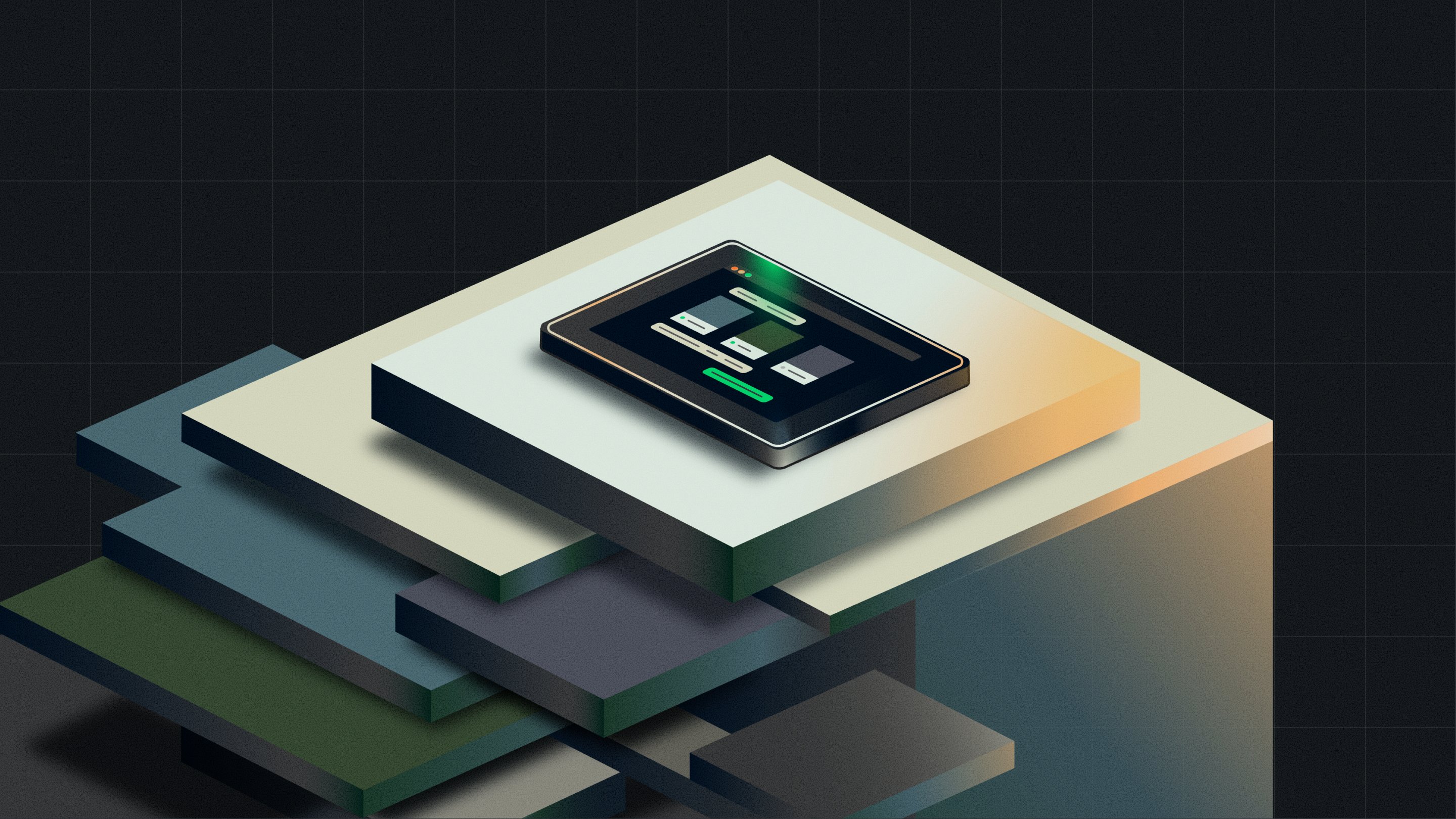 An isometric view of a modern payment processing device on layered platforms.