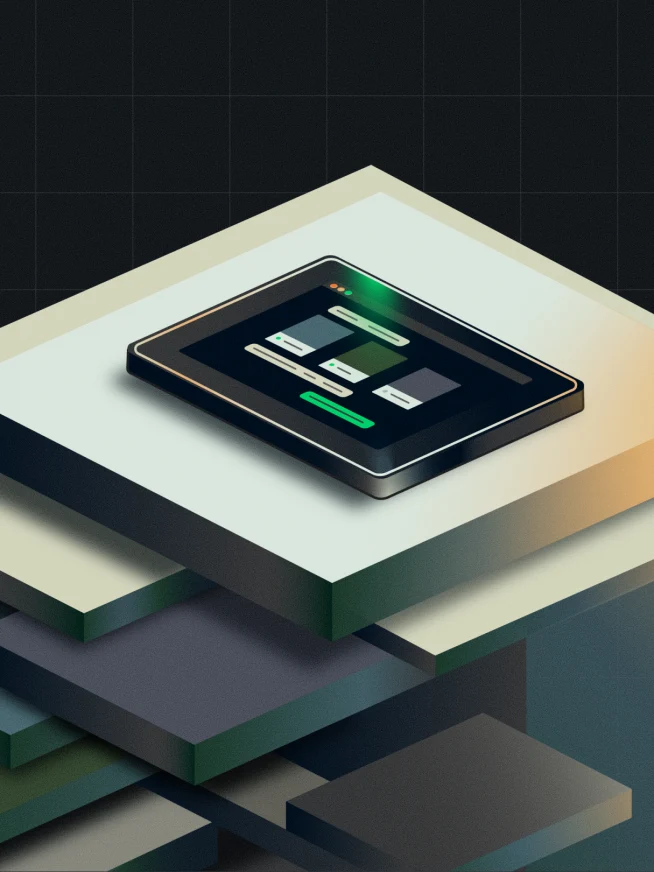 An isometric view of a modern payment processing device on layered platforms.