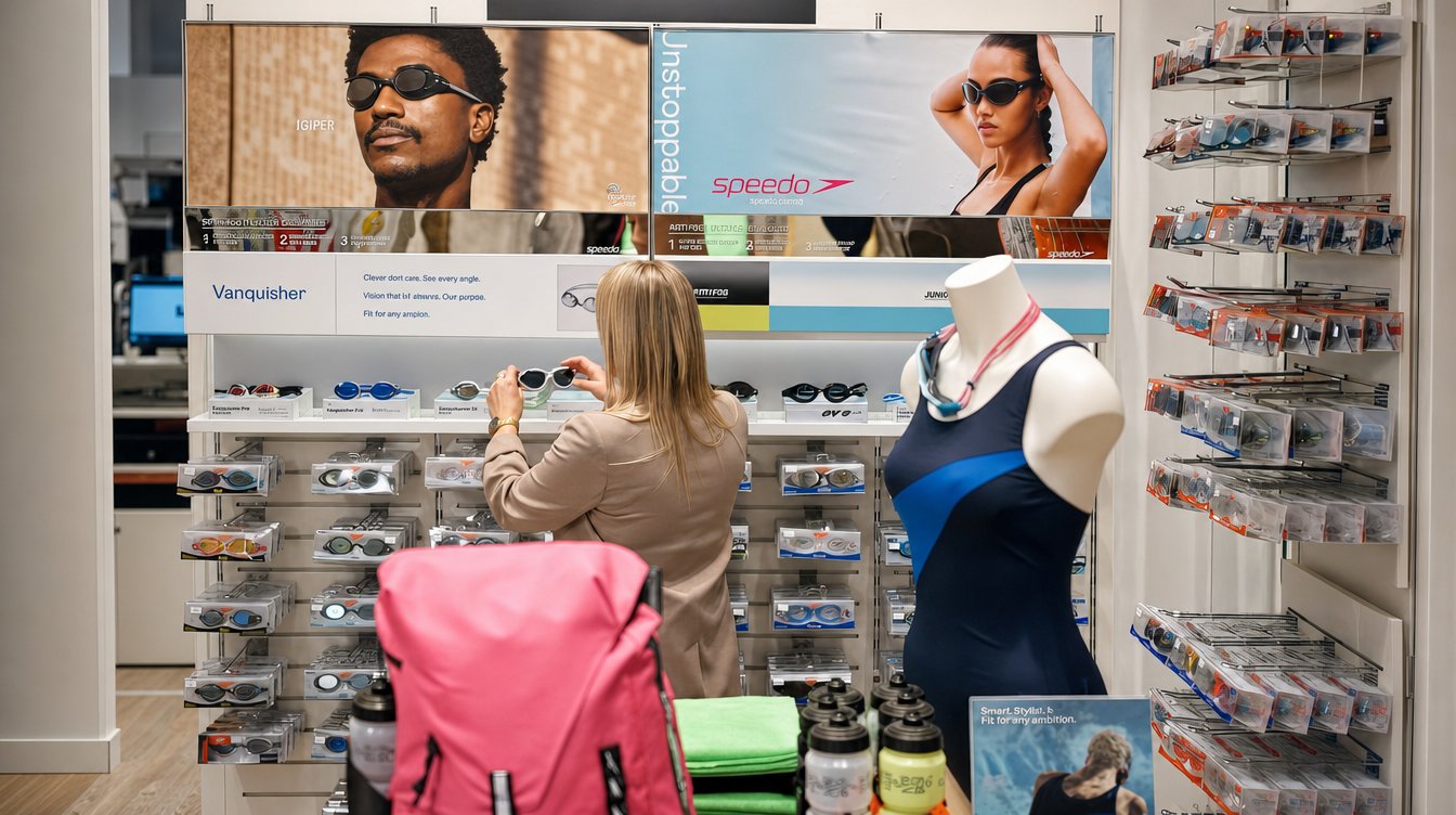 A customer shops for swimming gear at a retail store featuring an Adyen payment terminal.