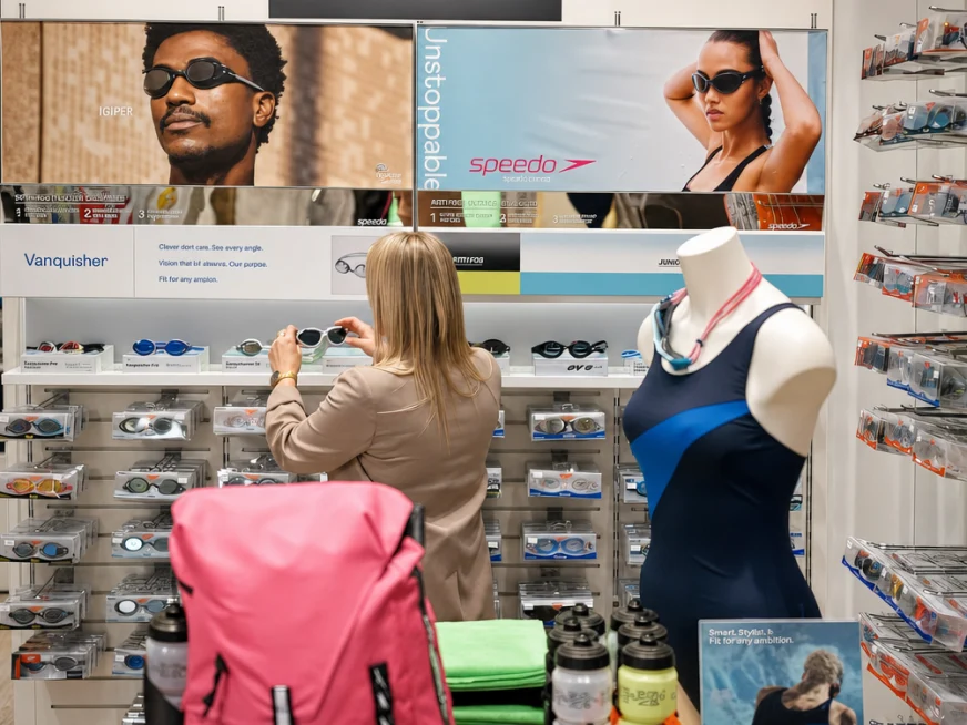 A customer shops for swimming gear at a retail store featuring an Adyen payment terminal.