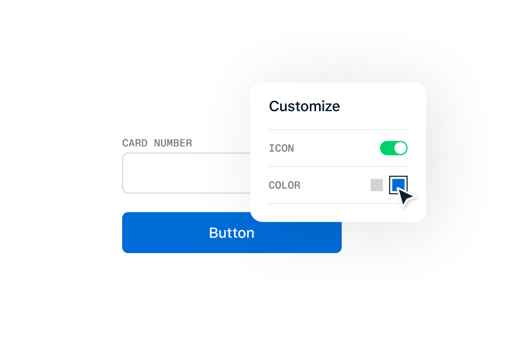A user customizing a digital interface with options for icon toggling and color selection on a blue button.