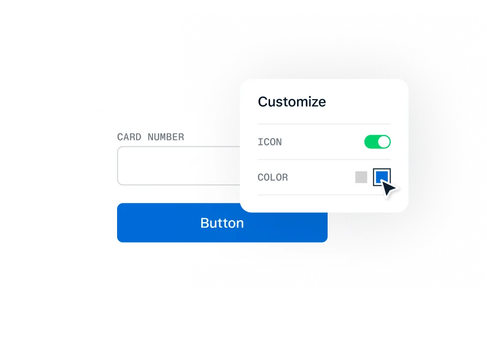 A user customizing a digital interface with options for icon toggling and color selection on a blue button.