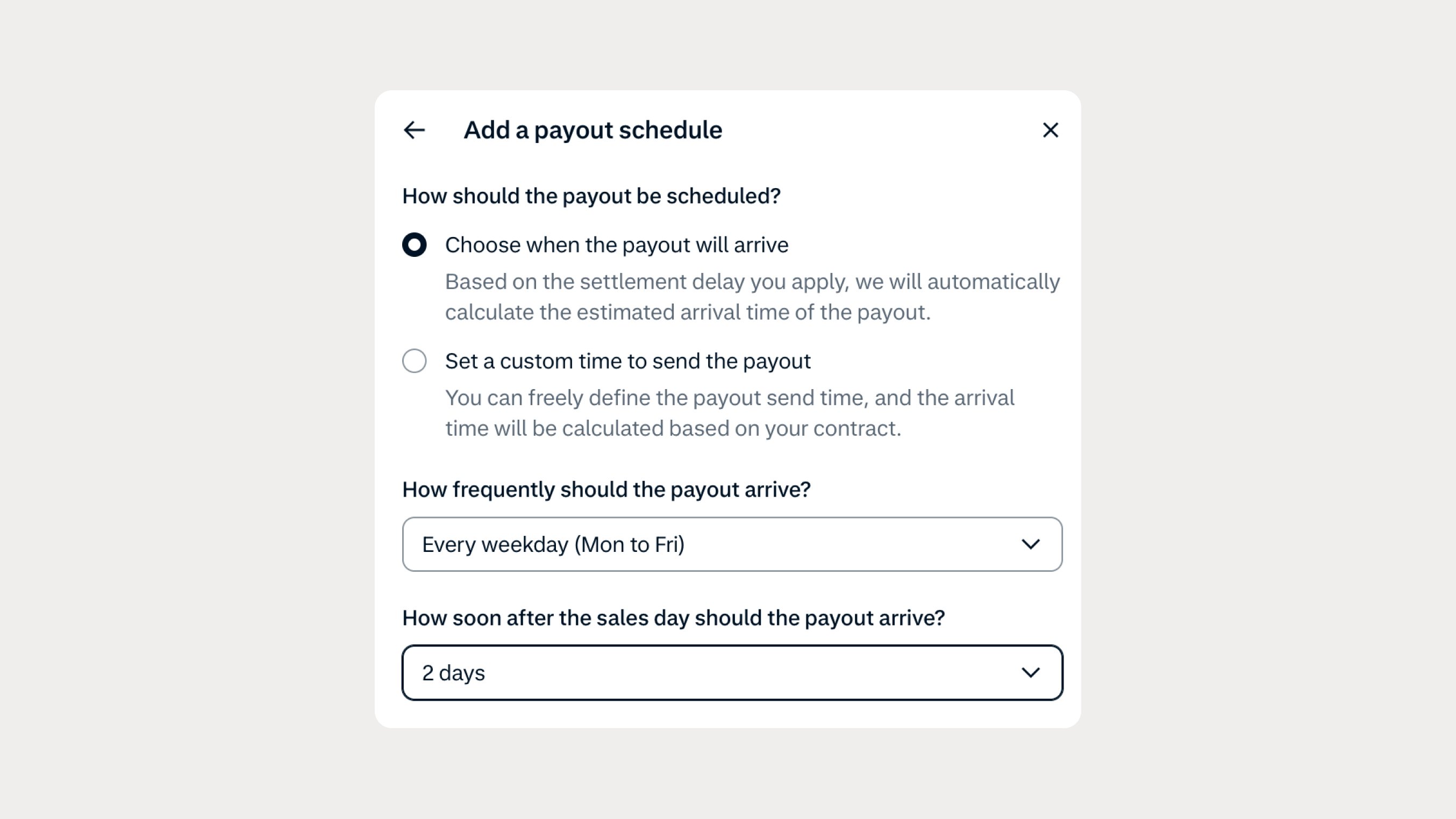 Screenshot of payout schedule configuration options on a financial platform interface