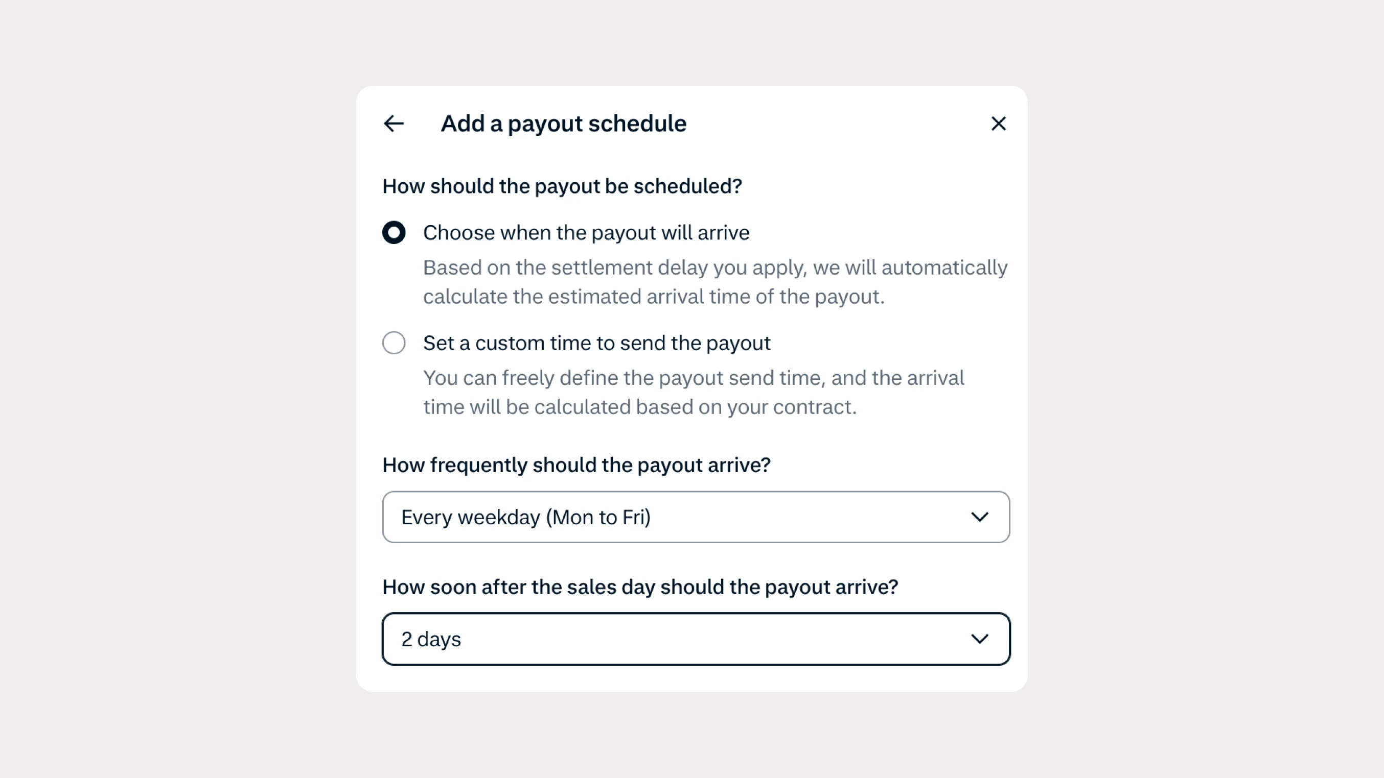 Screenshot of payout schedule configuration options on a financial platform interface