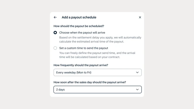 Screenshot of payout schedule configuration options on a financial platform interface
