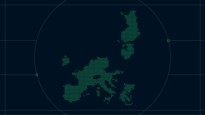 An icon-based digital map of Europe with highlighted regions, representing payment coverage or operations.