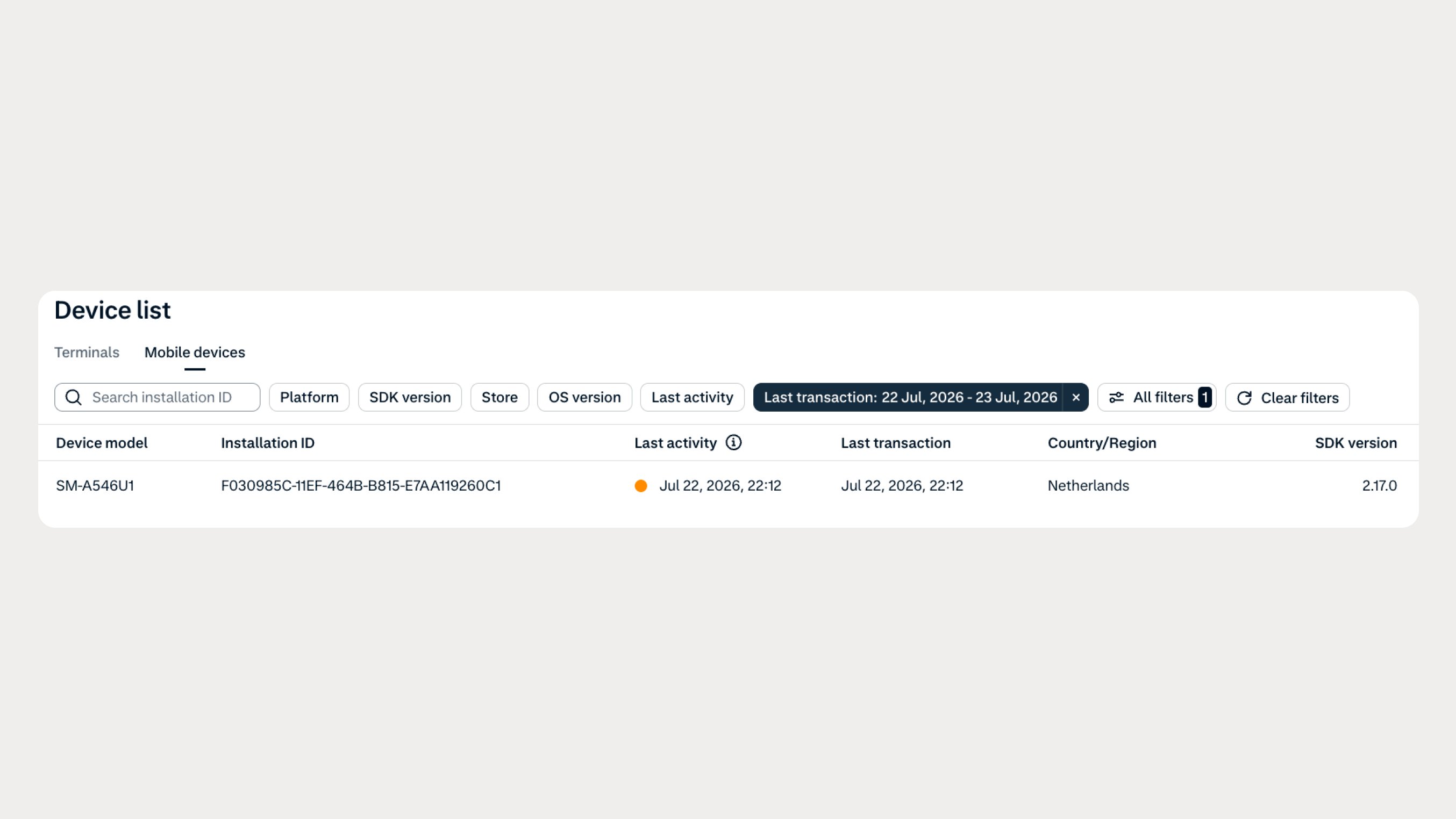 Device details showing a payment terminal managed by Adyen, including device ID, last activity, and country information.