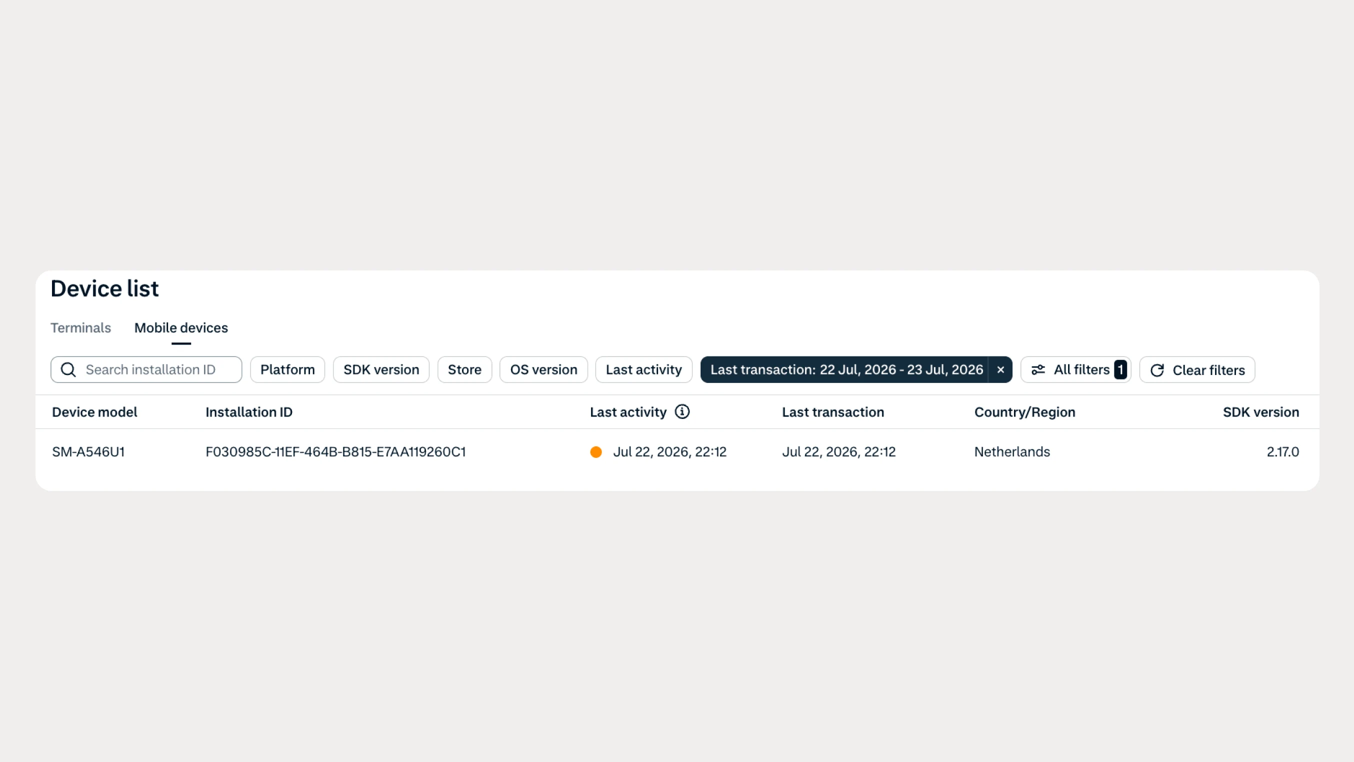 Device details showing a payment terminal managed by Adyen, including device ID, last activity, and country information.