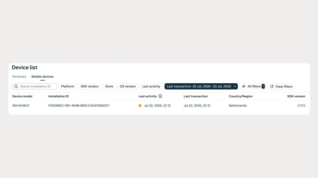 Device details showing a payment terminal managed by Adyen, including device ID, last activity, and country information.