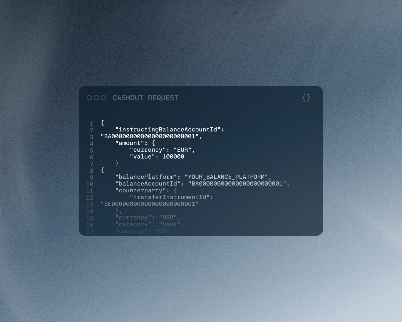 A dark code editor window titled "Cashout Request" showing a JSON payload with an instructingBalanceAccountId