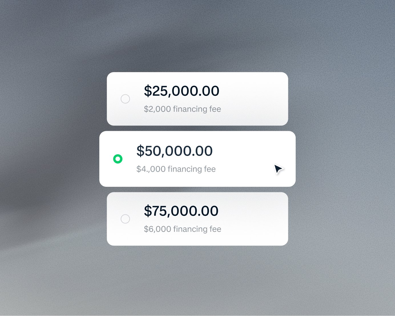 Selection screen showing payment options and financing fees for amounts up to 75,000 dollars.