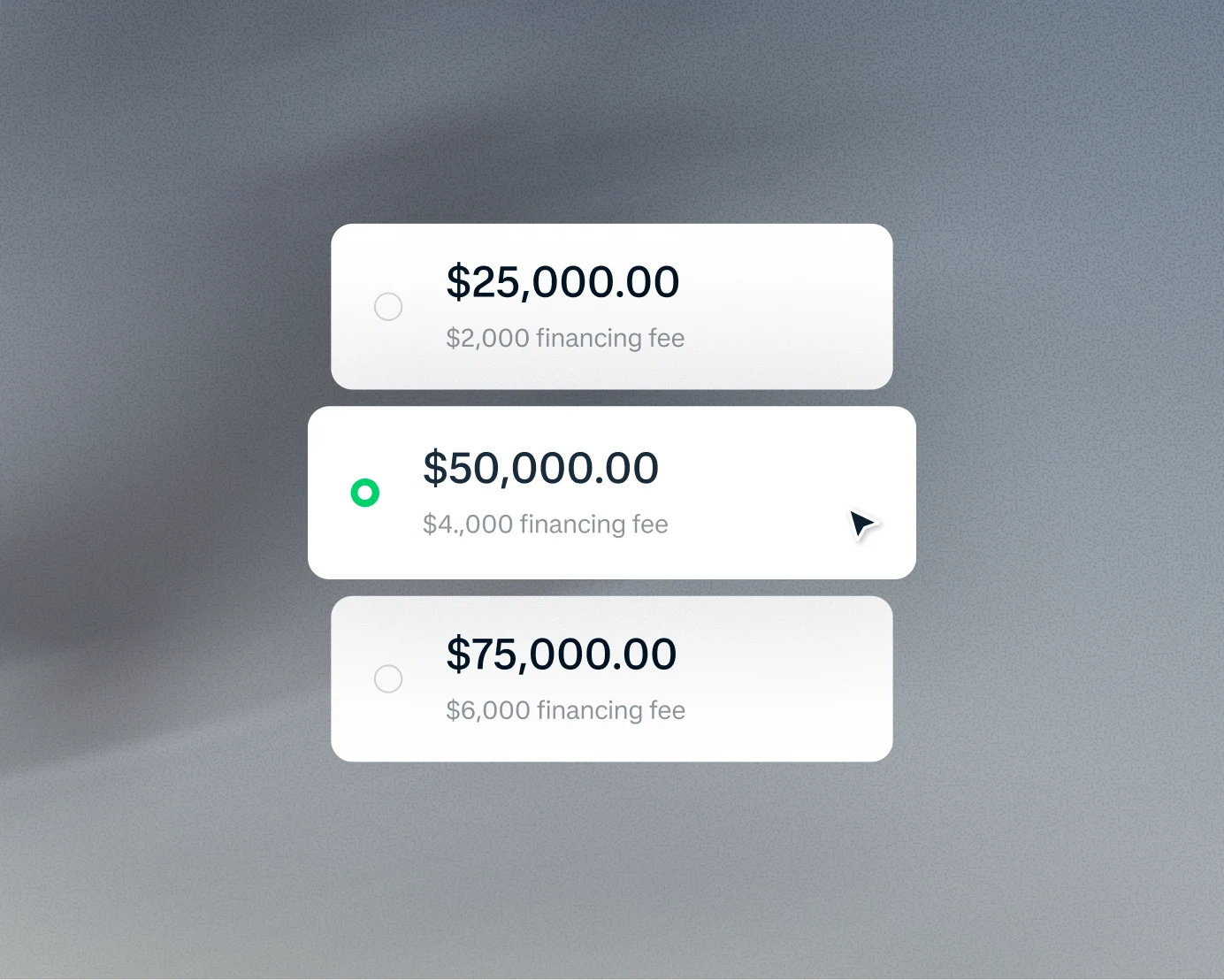 Selection screen showing payment options and financing fees for amounts up to 75,000 dollars.