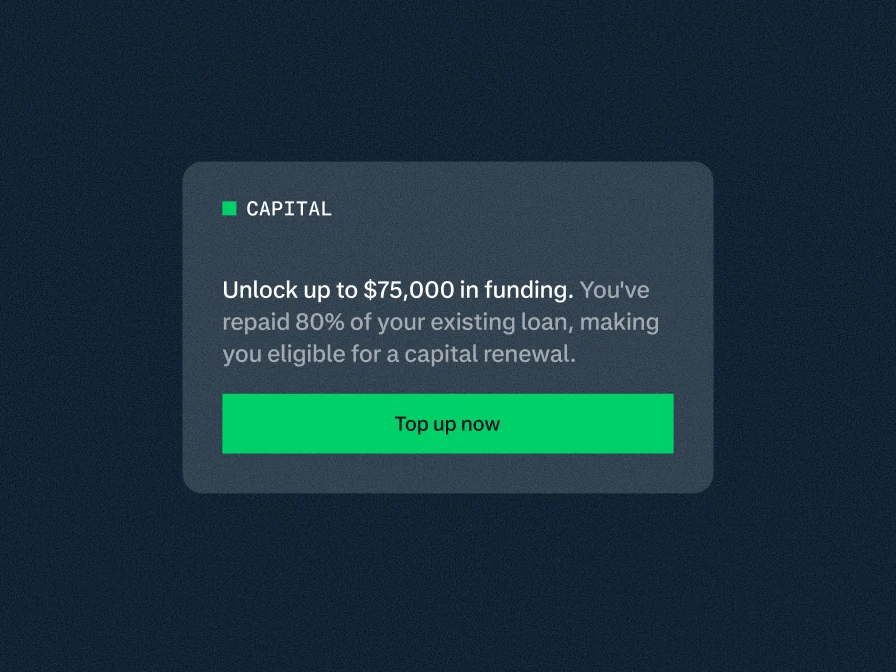 Notification showing a funding reward for a business with a green top-up button.