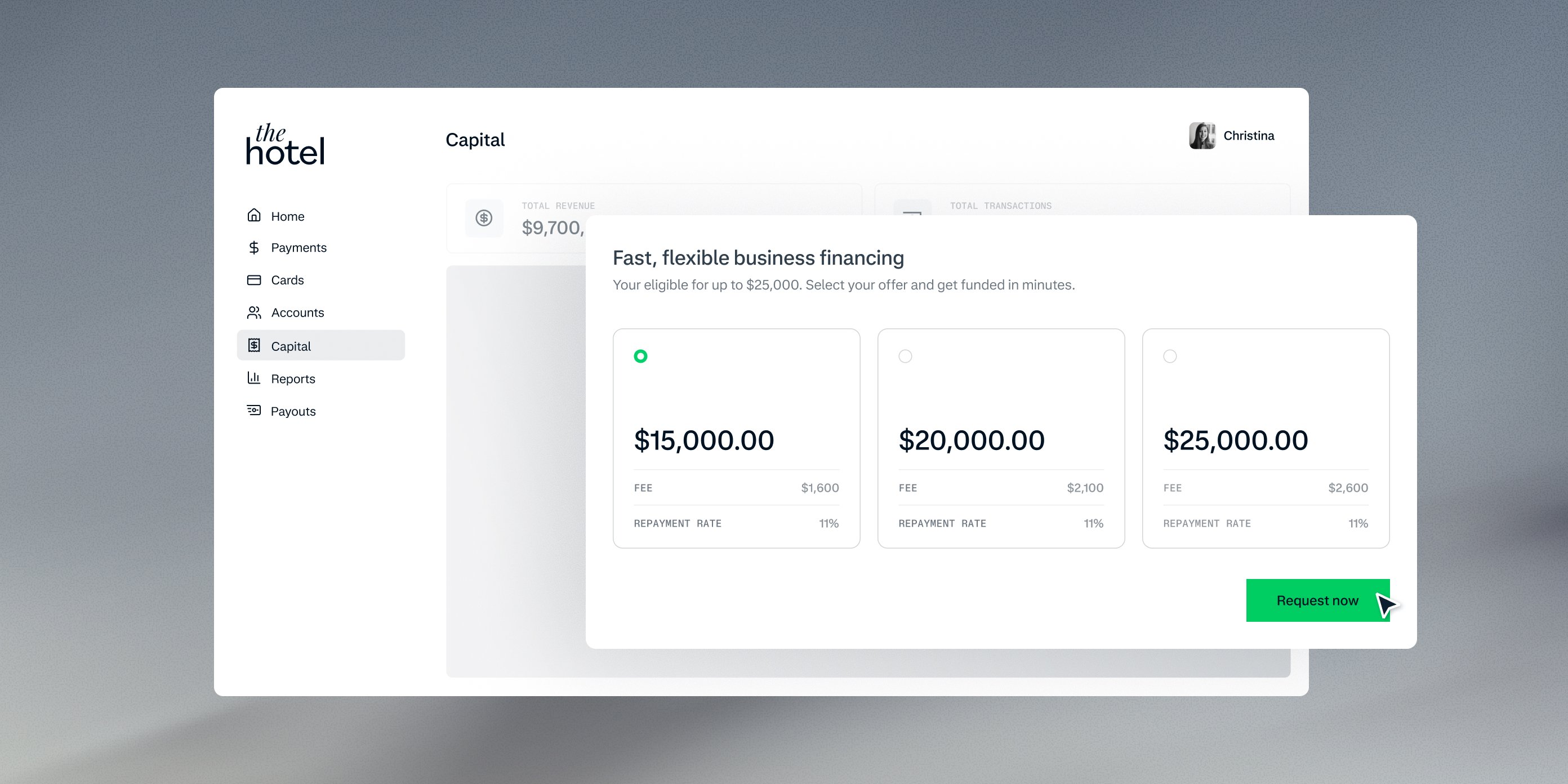 Screen showing flexible business financing options on a digital banking platform with Adyen branding