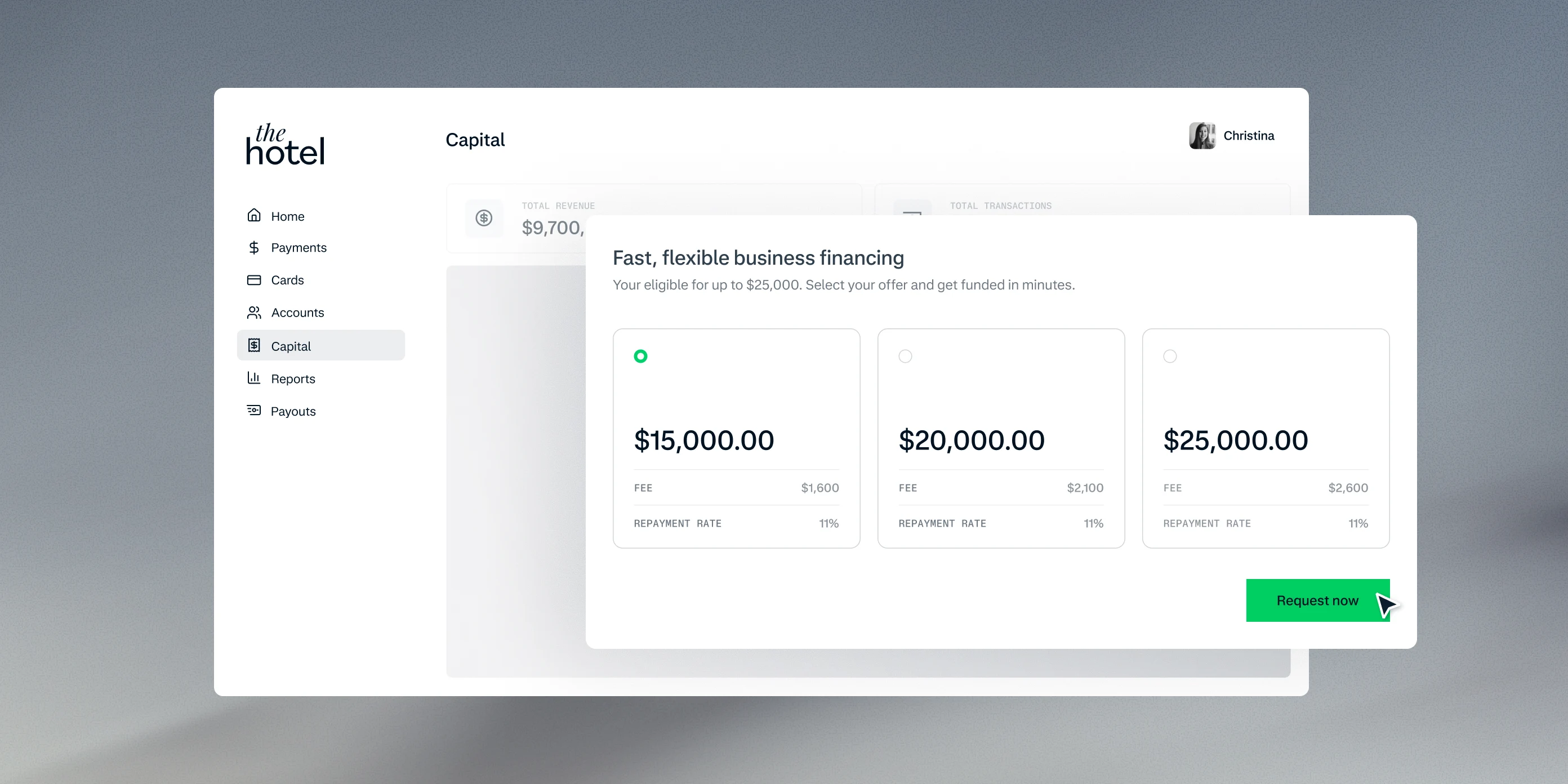 Screen showing flexible business financing options on a digital banking platform with Adyen branding