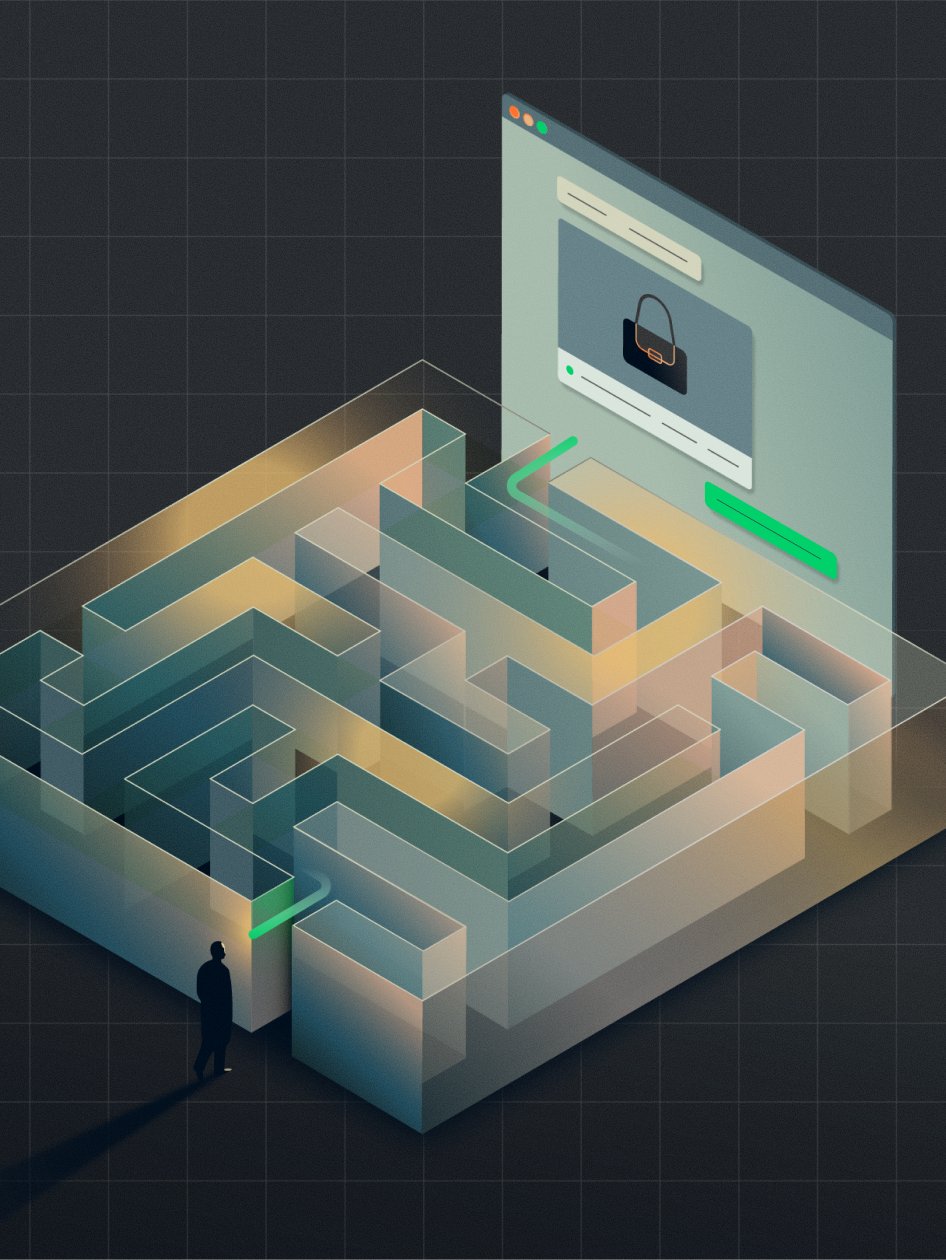A digital maze representing secure online payment processing with an Adyen webpage.